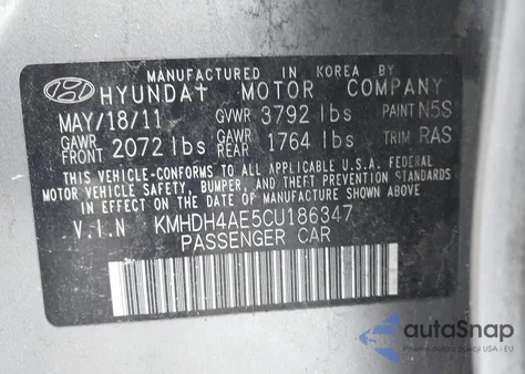 2012 Hyundai Elantra Gls (Ulsan Plant) z USA, uszkodzony, nr VIN KMHDH4AE5CU186347